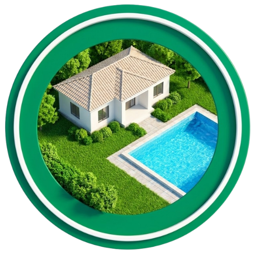 Casa moderna de una planta con tejado a dos aguas junto a una piscina en un jardín verde rodeado de árboles